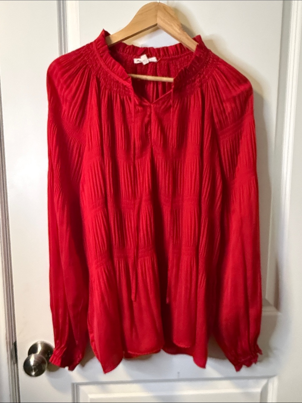 Jane and Delancey Vibrant Red Smocked-Paneled Tie-Neck Blouse